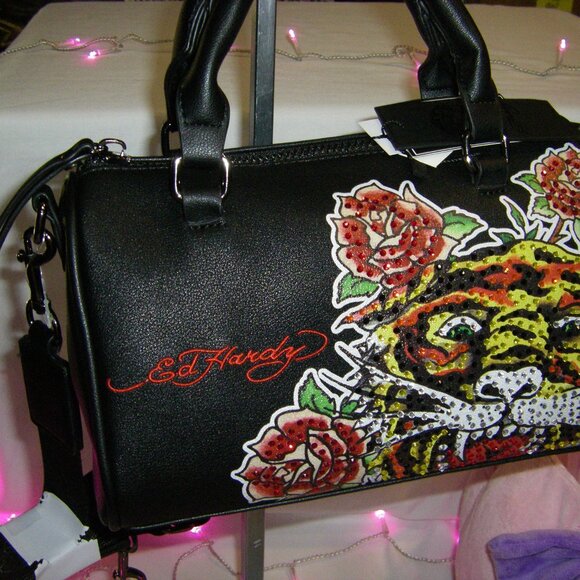 Ed Hardy Handbags - Ed Hardy Tiger Rhinestone Satchel Crossbody Bag Black NWT